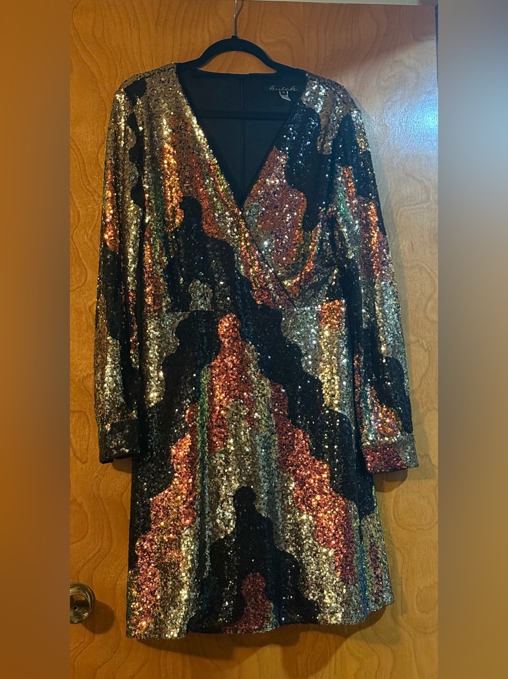 Hutch Long-Sleeve Sequin Wrap Dress - Gold, Black, Copper